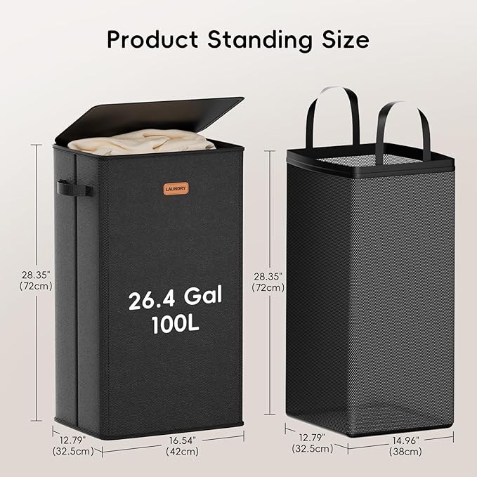 100L Laundry Hamper with Lid, Large Clothes Hampers with Removable Bag, Collapsible Laundry Basket for Bathroom, Bedroom, Laundry Room, Dorm, Black