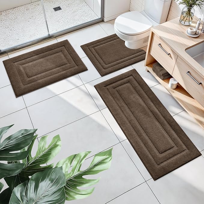 HOMEIDEAS Bathroom Rugs Sets 3 Piece, Microfiber Shaggy Bath Mat Set, Non-Slip Ultra Soft Carpet Mats, Large Rugs with U-Shaped Toilet for Bathroom, Tub, Shower, Brown