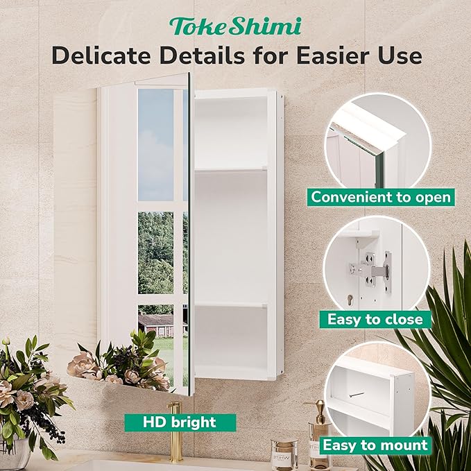 TokeShimi 24x32 Mirrored Medicine Cabinet Recessed or Wall Mount, Aluminum Tempered White Bathroom Medicine Cabinet with Mirror with Stepless Adjustable Storage Metal for Modern Farmhouse