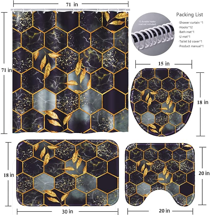 Poedist 4 Pcs Bathroom Shower Curtain Set,Bathroom Sets with Rugs(Bath Mat,U Shape and Toilet Lid Cover Mat) and 12 Hooks,Honeycomb Marble Grey Black