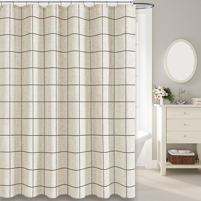 Farmhouse Plaid Shower Curtain Beige Linen Shower Curtains for Bathroom Natural Beige Pattern 72 x 72 Inch