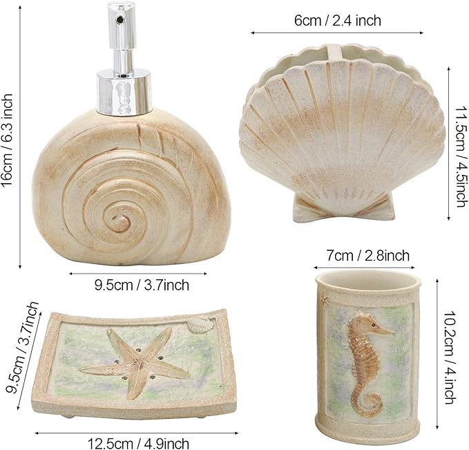 Set, 5 PCS Beach Seashells Ensemble Set Includs Soap Dispenser, Soap Dish, Tumbler, Toothbrush Holder - Ivory Polyresin Set for Home, Office, Superior Hotel