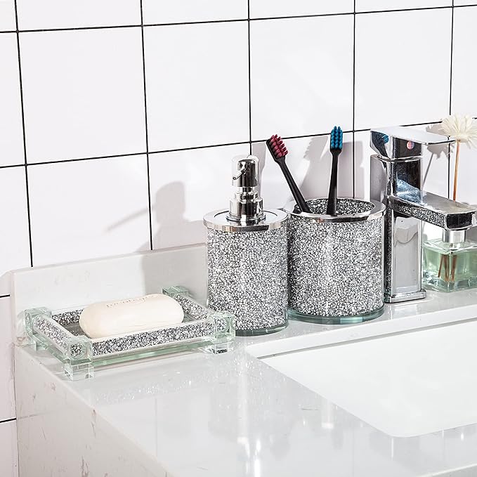 SHYFOY Bathroom Accessories Set, 3 Piece Silver Crystal Crushed Diamond Bathroom Accessory Decor Sets, Glass Bath Restroom Set Vanity Organizer Includes Soap Dispenser, Toothbrush Holder, Soap Dish