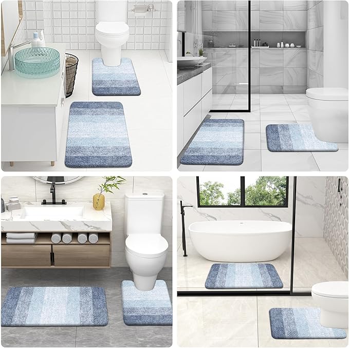 OLANLY Bathroom Rug Set 2 Piece, Soft Absorbent Microfiber Bath Rug Set, Non-Slip, Machine Wash Dry, Plush Shaggy Bath Mats for Bathroom (47"x20"+24"x16", Blue)