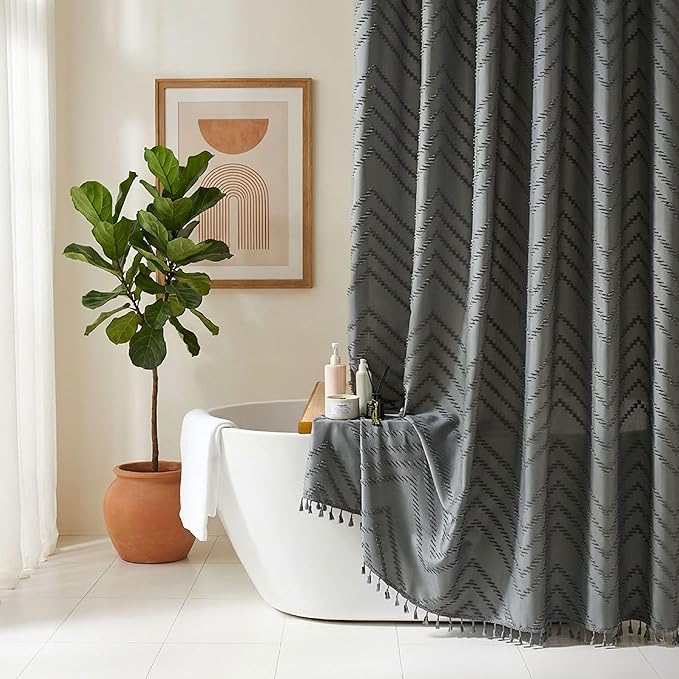 Extra Long Shower Curtains 72 x 78 Inches Tufted Chevron Light Gray Shower Curtains Fabric for Bathroom Modern Shabby Chic Waterproof Cloth Shower Curtain