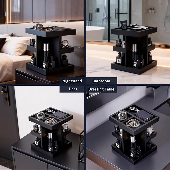 3-Tier Men's Cologne Organizer Stand - Black Wood Perfume Display & Storage for Desk or Nightstand, Gift for Husband