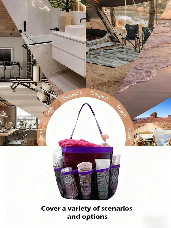 Mesh Shower Caddy Bathroom Portable College Dorm Essentials for Girls Guys Shower Tote Beach Camp Travel Hanging Toiletry Bag Purple