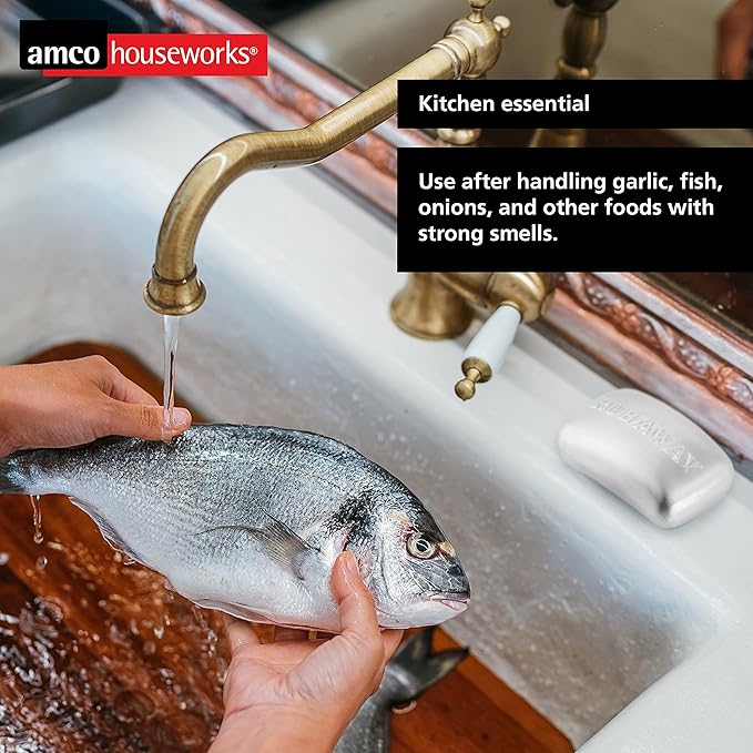 Amco Rub Away Bar, Stainless Steel Odor Absorber (3.1" x .7") - Dishwasher Safe Kitchen & Outdoor Essential for Garlic, Onion, Fishing, Hiking Odors - Natural Odor Remover (Mini Size)