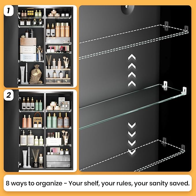 Silver Medicine Cabinet with Mirror 20x26 Inch, Anodized Aluminum Bathroom Cabinet, Rust Proof Recessed Wall Organizer, 6 Adjustable Glass Shelves, Soft Close, Modern Vanity Mirror
