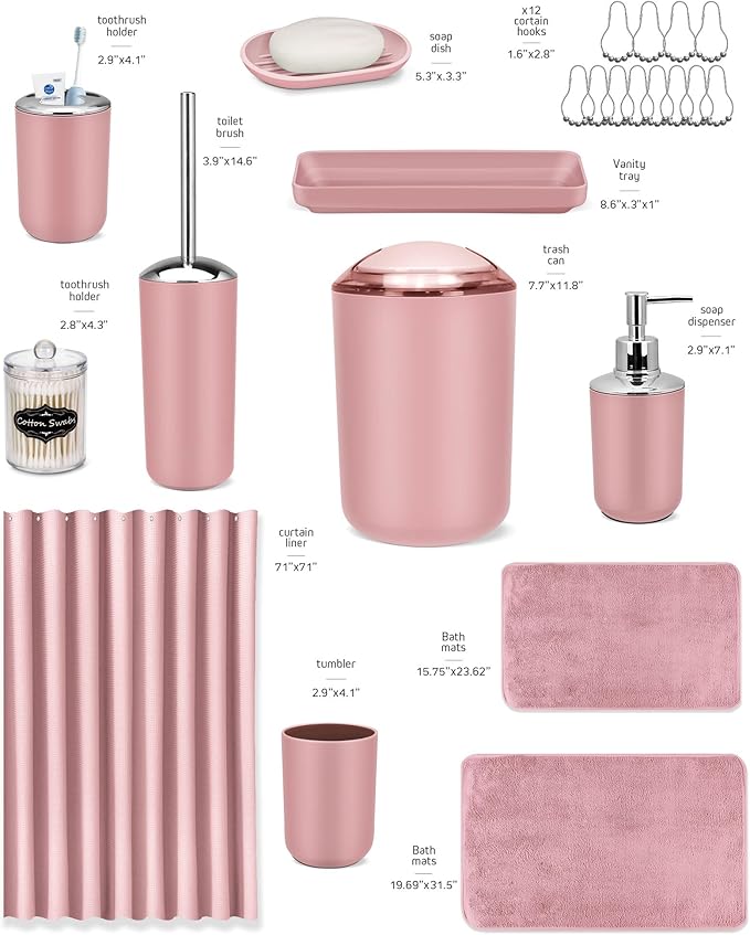 IMAVO Pink Bathroom Accessories,Non Slip Absorbent Bathroom Rugs and Waterproof Shower Curtain with Hooks,Complete Bathroom Set for Bathroom Décor