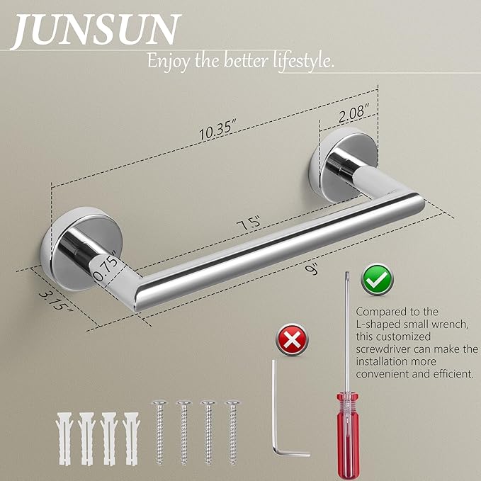 JunSun Bathroom Towel Bar 9 Inch Polished Chrome Towel Racks Wall Mount Bath Hand Towel Holder Modern Home Decor Towel Rods Bathroom Hardware Stainless Steel Towel Hangers Towel Rail Single Towel Bars
