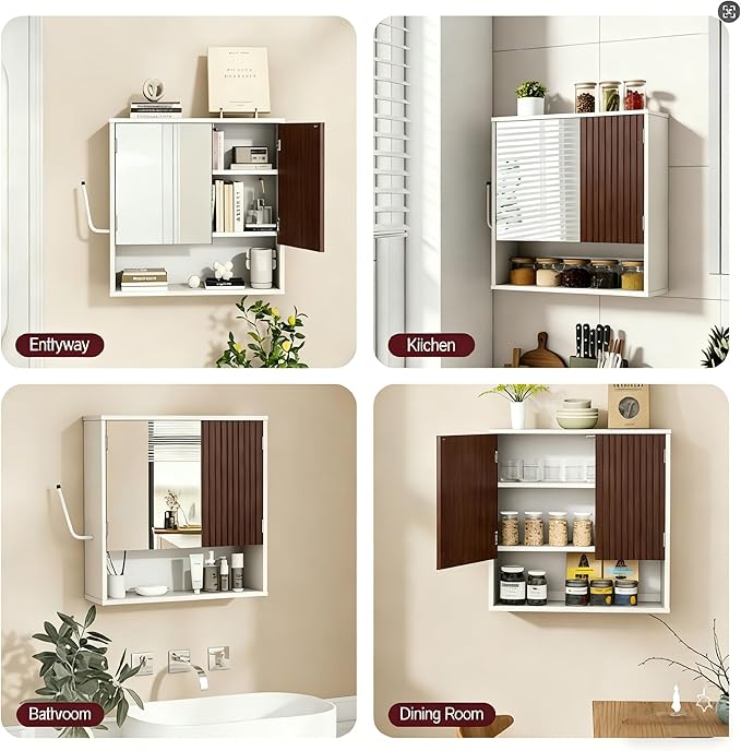 Bathroom Wall Cabinet With Mirror,wall mounted bathroom cabinet,Medicine Cabinet with 2 Door ,Side Hook,Light and Adjustable Shelves,White Cabinet with Wood Grain,Over The Toilet Space Saver Cabinet.