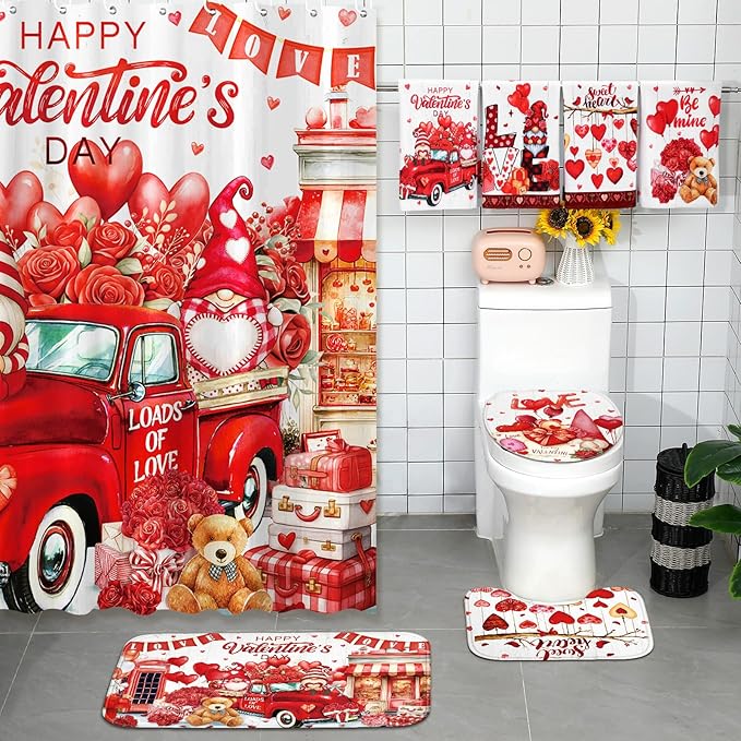FuWeave 8 Pcs Valentines Shower Curtain Set Red Heart Sweet Love Romantic Bathroom Decor Valentines Day Gnome Waterproof Shower Curtain Towels Non Slip Rug Toilet Lid Cover Bath Mat with 12 Hooks