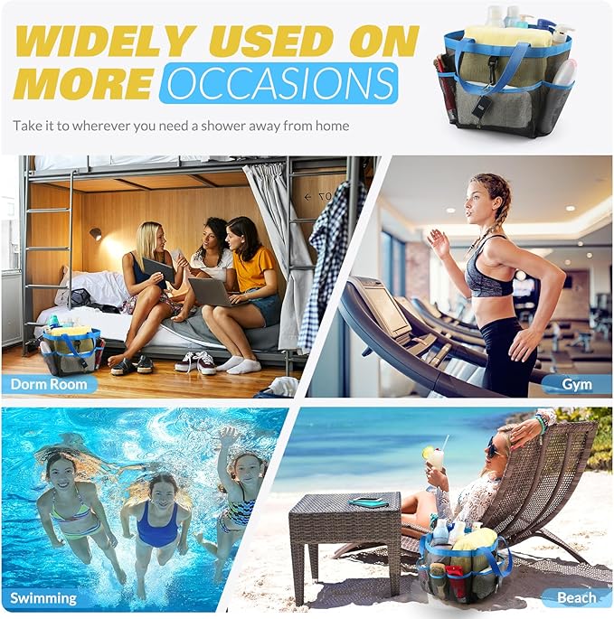 LOYEE Mesh Shower Caddy Portable for College Dorm Room Essentials with 8 Pockets, Shower Bag for Beach, Swimming, Gym, Travel, Bathroom(Blue)