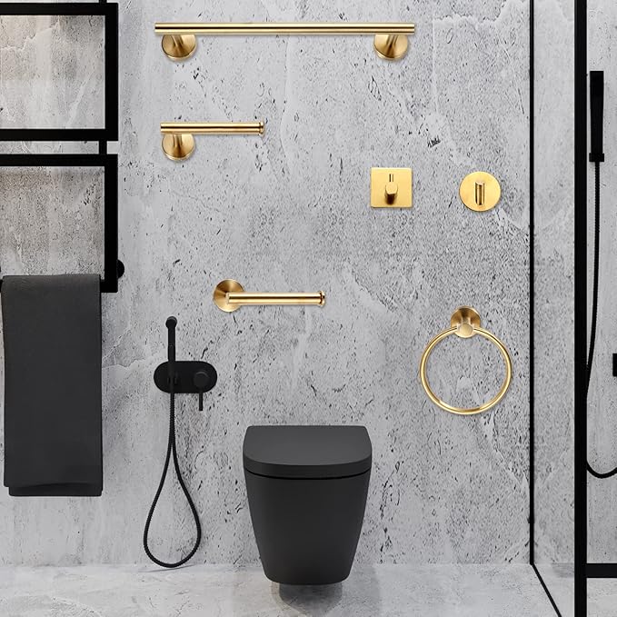 10 Pcs Matte Bathroom Hardware Set SUS304 Bathroom Hanger Set 16 Inch Hand Towel Bar Towel Holder Toilet Paper Holder Angled Hook 2 Robe Towel Hooks Wall Mounted Accessory(Gold)