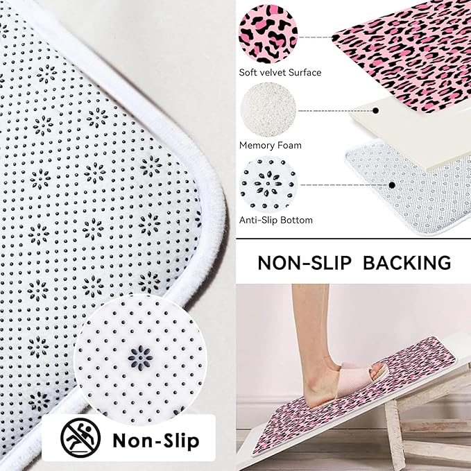 4 PCS Leopard Shower Curtain Cheetah Print Shower Curtain Sets Non Slip Bathroom Rugs Soft Plush Bath Mat Toilet Lid Cover Animal Print Shower Curtains with 12 Hooks for Bathroom Tub, Pink