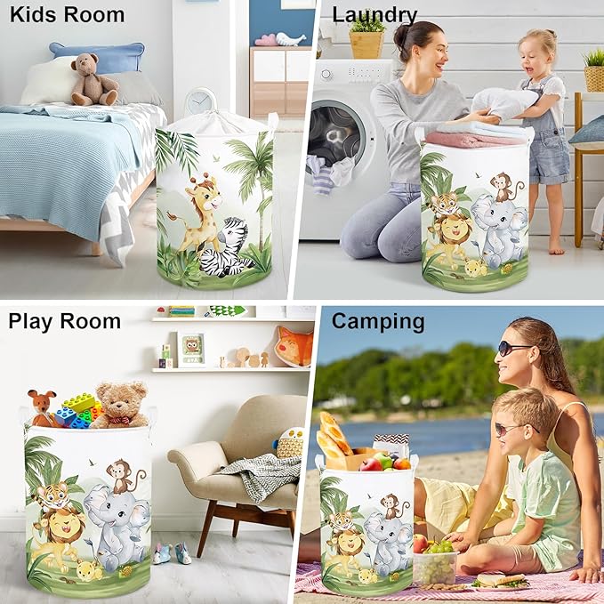 Clastyle 63L Large Rainforest Animals Kid Laundry Hamper with Handle Boy Girl Bedroom Bathroom Nursery Clothes Toy Storage Basket with Lid