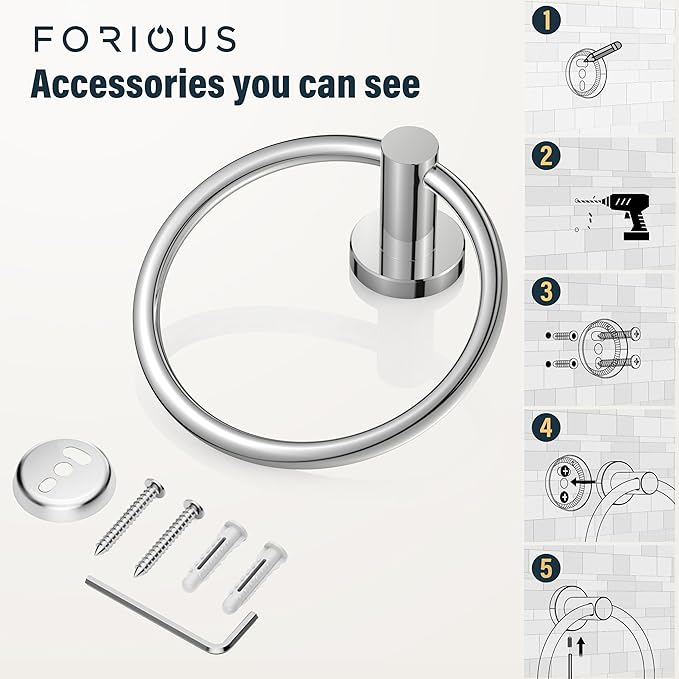 FORIOUS Towel Ring, SUS304 Stainless Steel Modern Hand Towel Holder Rack Hanger Round for Bathroom Wall Mounted, Ideal for Bath, Kitchen, RV, Chrome
