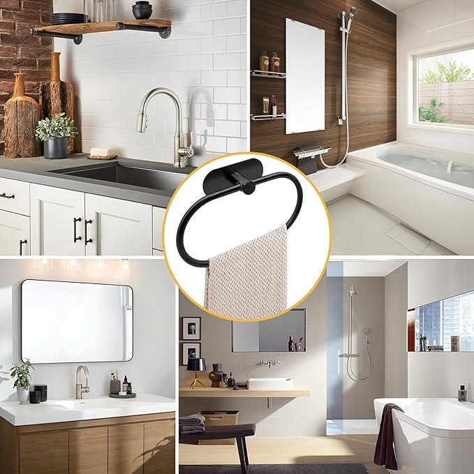 Self Adhesive Towel Ring, Matte Black Adhesive Hand Towel Holder Stainless Steel Oval Hand Towel Ring No Drilling Modern Hand Towel Hanger for Bathroom Kitchen Accessories