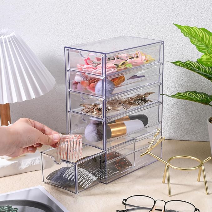 Hair Tie Organizer Clear Hair Accessories Organizer Storage Acrylic Hair-Clip Organizers Container Box with 5 Drawers for Girls