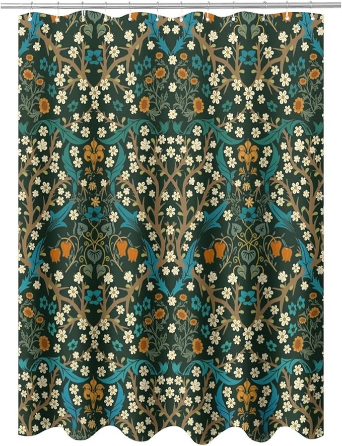 Mid Century Vintage Daisy Fabric Shower Curtain,Green Garden Flower William Morris Abstract Art Hotel Quality,Machine Washable,84L x72W for Bathroom.
