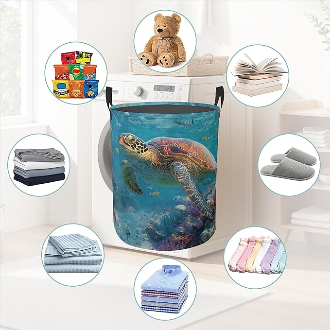 Sea Turtle Round Laundry Hamper Storage Basket Toys Clothes Organizer Bin For Home Bathroom Bedroom Dorm Nursery