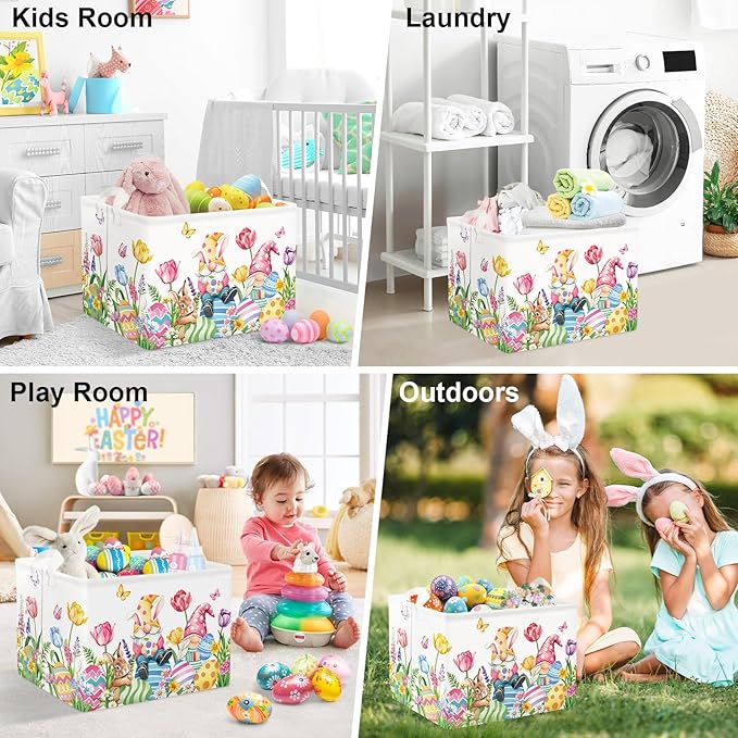 Clastyle Large Egg Rabbit Easter Basket Stuffers Butterfly Tulips Baby Gift Basket Empty Toy Nursery Bin Collapsible Spring Flower Clothes Storage Organizer for Bedroom,Gnome,40x30x30 cm
