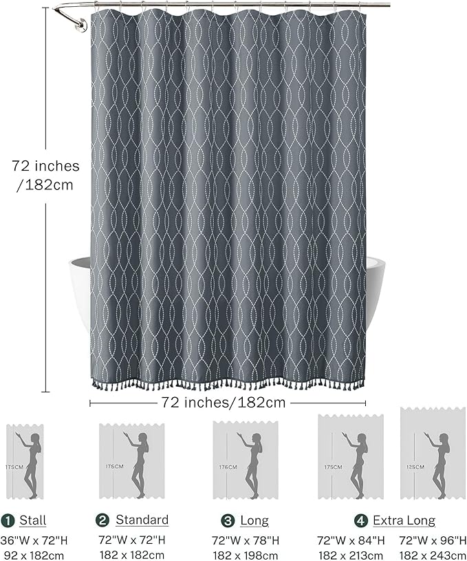 OVZME Dark Grey Shower Curtain for Bathroom, Puff Printed Textured Shower Curtain with Tassels, Rustic Geometry Heavy Duty Vintage Country Bathroom Curtain, Water Resistant Fabric, 72Wx72L Inches