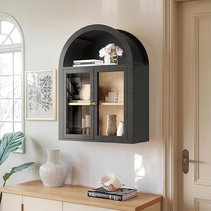 Furnaza Arched Wall Mounted Display Medicine Cabinets with Tempered Glass Doors and Adjustable Shelf for Bath or Living Room (Black, 24" W X2pcs)