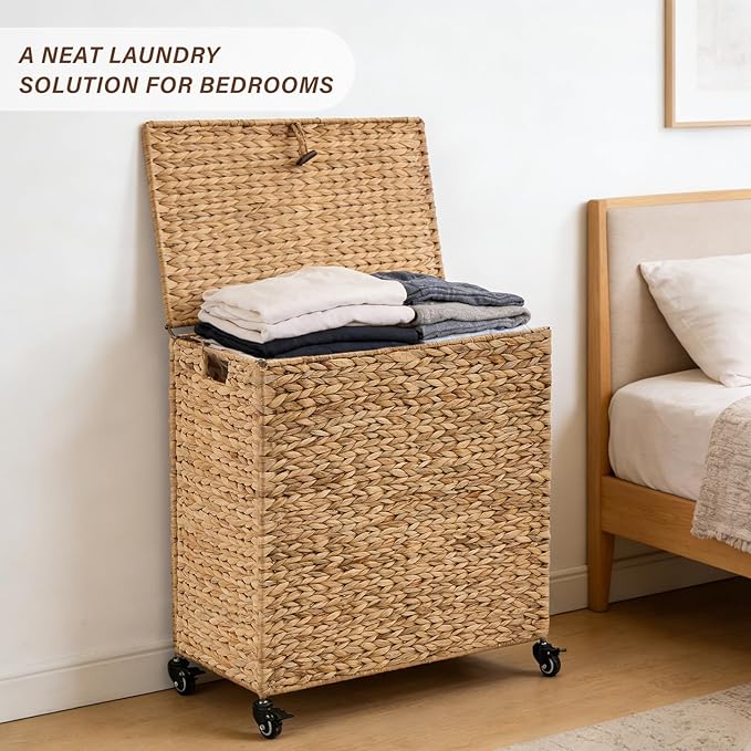 Hand-Woven Laundry Basket with Wheels, Natural Water Hyacinth Laundry Hamper with Lid, Removable & Machine-Washable Liner,2-Section Clothes Hamper for Bathroom and Laundry Room(120L,Natural)