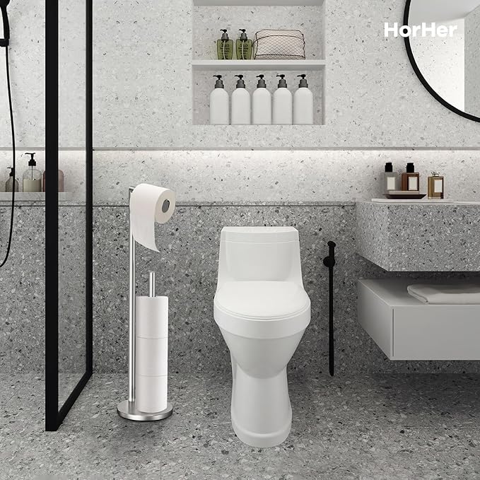 Toilet Paper Holder Stand, Toilet Paper Holder Free Standing, Toilet Paper Stand, Brushed Nickel Toilet Paper Holder with Storage, Rustproof Toilet Paper Holders for 4 Rolls (Brushed Nickel)