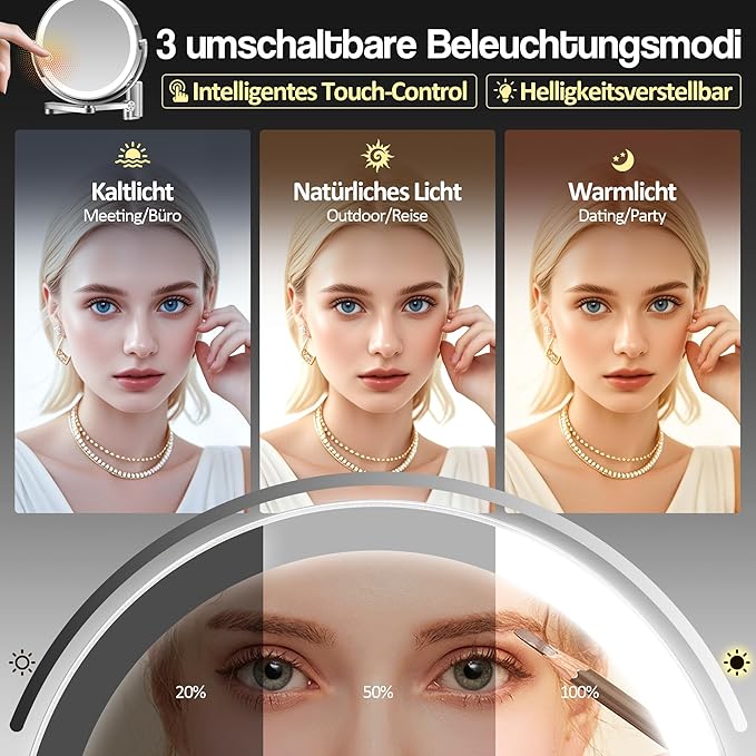 MOMOKUBA Wall Mounted Makeup Mirror, Aluminum Alloy Magnifying Mirror with Light 20X/1X Double-Sided, Height Adjustable, 3 Colors Led Vanity Mirror with Lights, Moisture & Corrosion Resistant Bathroom