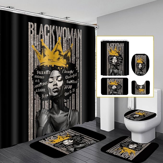4Pcs Praying Black Queen Shower Curtain Set, Inspirational Quote Afrcian American Woman Shower Curtains with Rugs Toilet Lid Cover Bath Mat, Waterproof Valentine's Day Bathroom Decor Sets