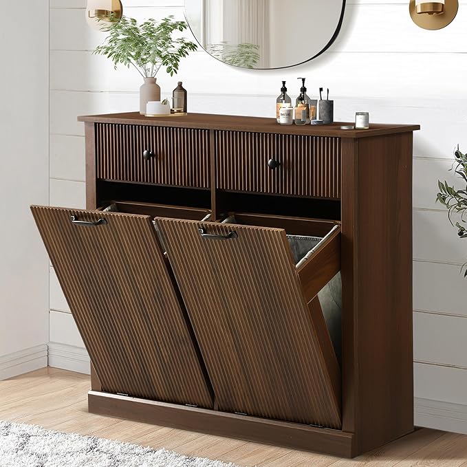 Double Tilt Out Laundry Hamper Cabinet, Modern Fluted Trash Can Cabinets with Drawer, Wooden 22 Gallon Hidden Garbage Cabinet for Kitchen and Bathroom (Brown, Full)