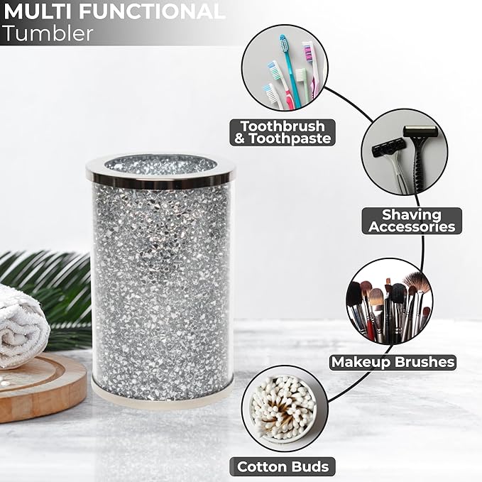 Escenzy Crushed Diamond Glass Bathroom Accessories Set 3 Pcs | Silver Crystal Soap Dispenser and Toothbrush Holder Set with Tumbler | Modern Bathroom Accessory Set and Vanity Organizer