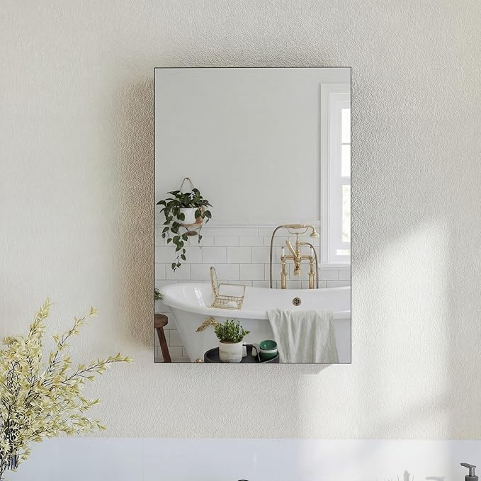 Panana Wall Mounted Bathroom Medicine Cabinet with Mirror, Single Mirrored Door, Adjustable Storage Shelves, Bathroom Wall Storage Organizer (Black, 15.7x23.6 inch)
