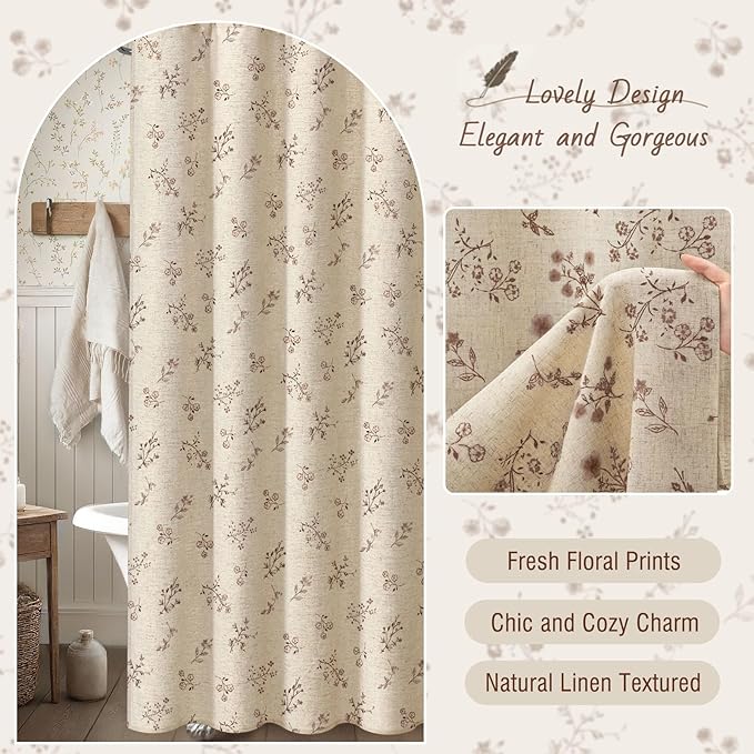 Brown Floral Farmhouse Vintage Linen Shower Curtain, French Country Shower Curtains for Bathroom, 72Wx72H