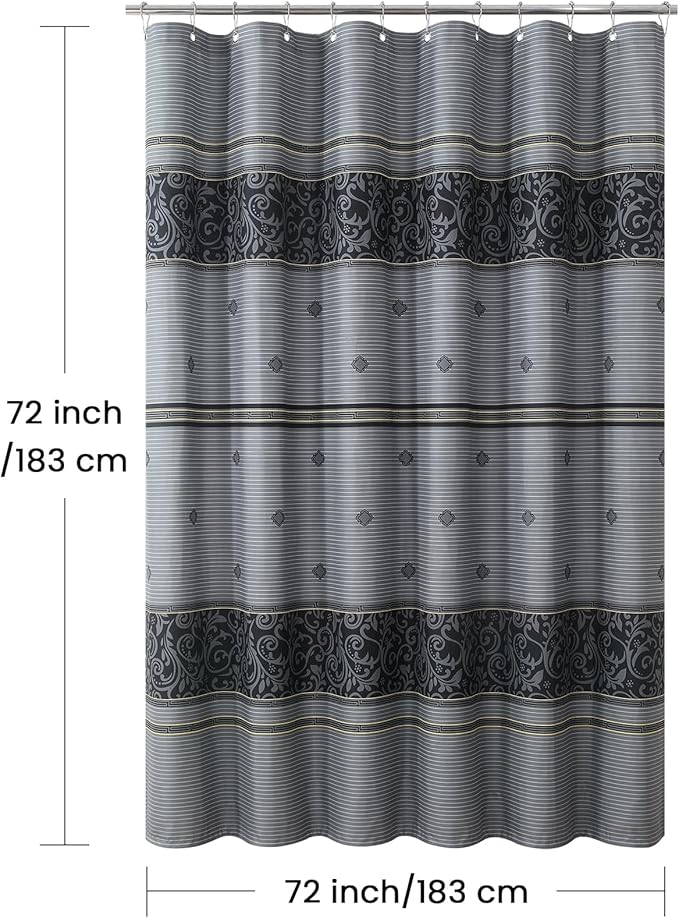 Fabric Shower Curtain, Grey and Black Print Waterproof Shower Curtains for Bathroom, 72" W x 72" H
