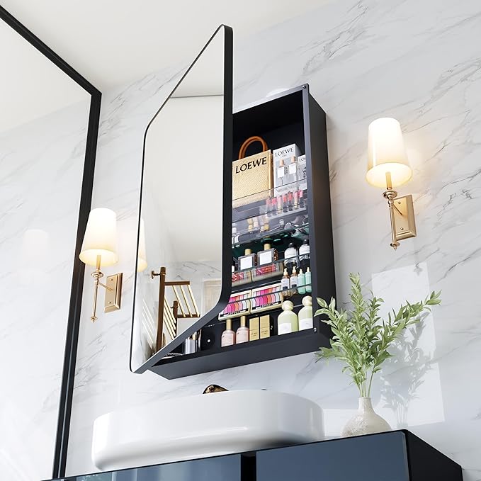 Medicine Cabinet with Mirror, 20x26 Inch Aluminum Bathroom Cabinet with Adjustable Glass Shelves, Built-in Makeup Storage, Recessed or Surface Mount, Soft Close Hinges, Matte Black