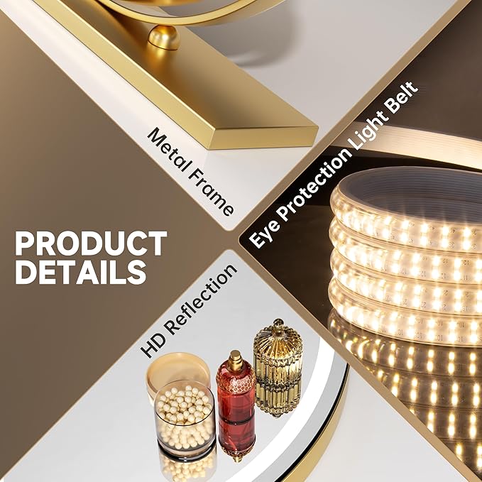 Hasipu Vanity Mirror with Lights, 23.6" LED Makeup Mirror, Lighted Makeup Mirror with Lights, Smart Touch Control 3 Colors Dimmable Round Mirror 360°Rotation Gold