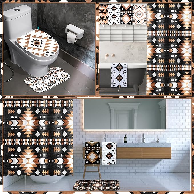FuWeave 8 Pcs Western Aztec Shower Curtain Set Geometric Vintage Bathroom Decor Boho Abstract Pattern Waterproof Shower Curtain Aztec Towels Non Slip Rug Toilet Lid Cover Bath Mat with 12 Hooks
