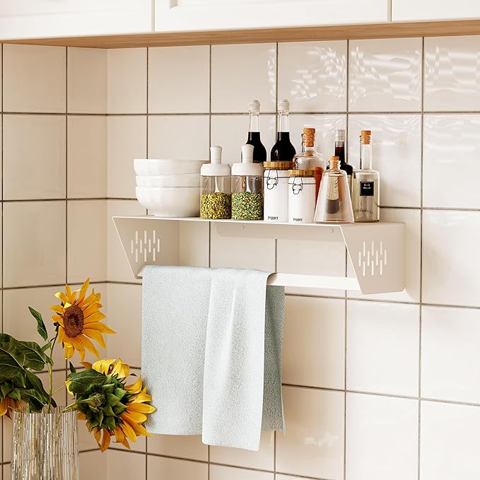 Qeke Bathroom Lavatory Towel Rack, Wall Mount Towel Holder Towel Hanger Shelf with Towel Bar, SUS 304 Stainless Steel Towel Rack for Bathroom and Lavatory, Matte White, 18 Inch