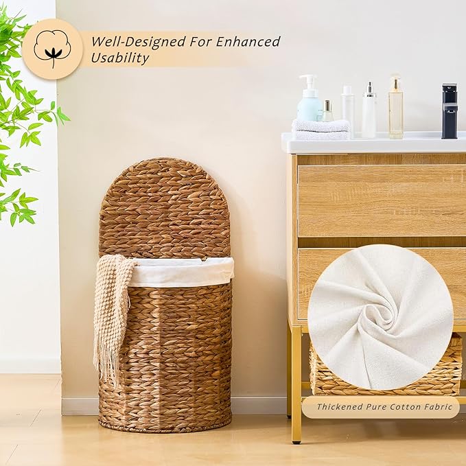 Water Hyacinth Laundry Hamper with lid, Half Moon Shape with 2 Removable Cloth Bags, Handwoven Boho Wicker Basket for Laundry Organization, Espresso