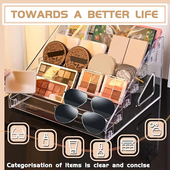 2Pcs Premium Sunglass Organizer Stand,7 Tier Acrylic Holder for Glasses, Nail Polish Display Rack, Organizer for Organizing Sunglasses, Cosmetics, Nail Polish (2 Set)