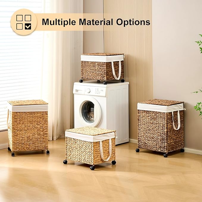 Rolling Laundry Hamper with Lid, Natural Water Hyacinth Basket with Removable Liner, Wheel or Non-Slip Installation Laundry Basket for Home Use (Natural, 100L)