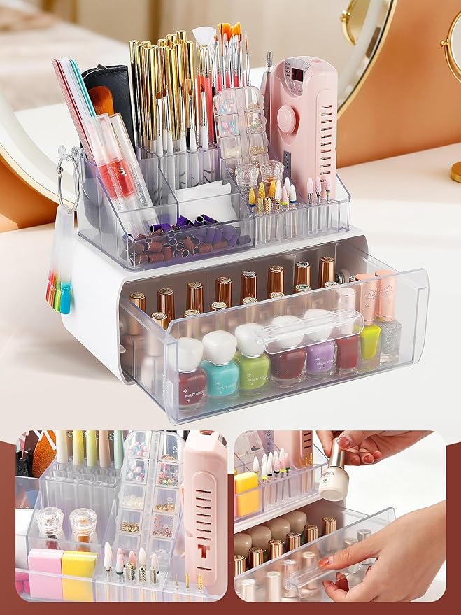 LIARTY Nail Drill Holder with Drawer: Acrylic Nail Drill Bits Holder Makeup Organizer Case for Brush - Beauty Cosmetic Storage Box for Dresser Countertop and Bathroom Vanity