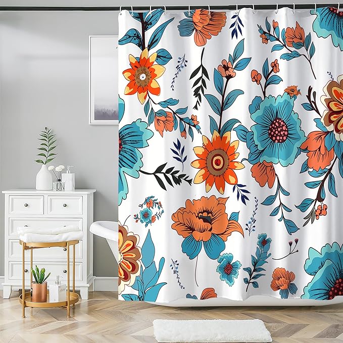 HMS Happy Memories Bohemian Plant Boho Floral Print Shower Curtain, Polyester Fabric Cloth for Bathroom Decor 72×72 Inch Standard Size with 12 Hooks, Also as Room Divider (Blue Red Flower)