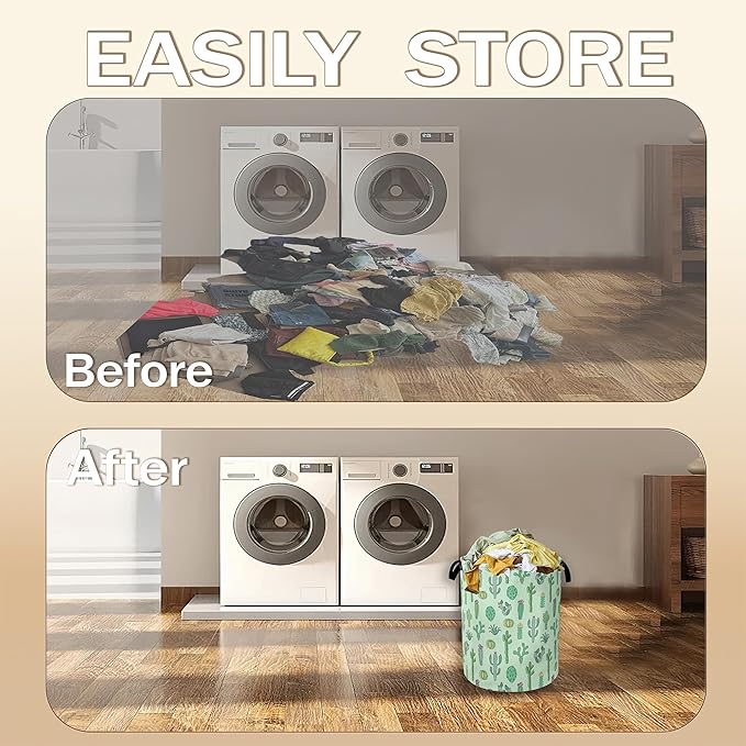 Collapsible Laundry Basket,Green Cactus Dirty Clothes Hamper,Succulent Plants Hampers for Bedroom Waterproof Oxford Cloth Storage Organizer for Bathroom,Nursery,Dorm,16x20 Inch