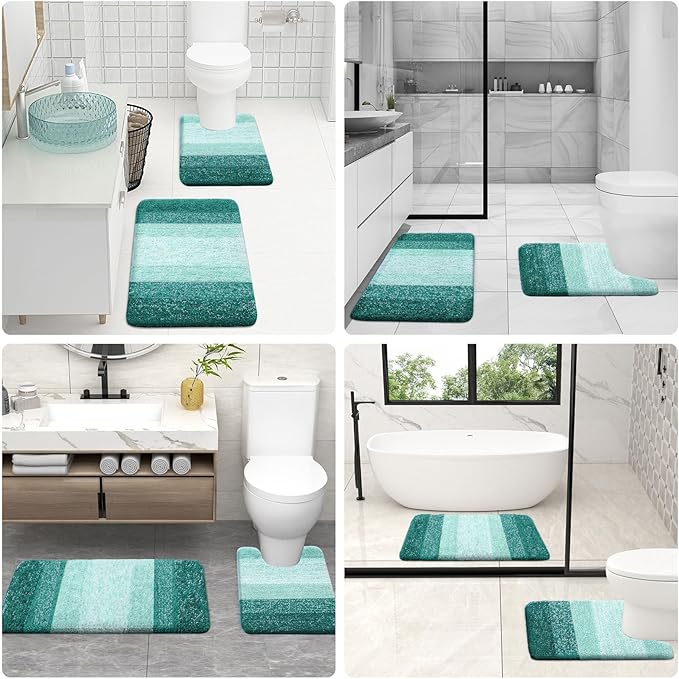 OLANLY Bathroom Rugs Sets 3 Piece, Soft Absorbent Microfiber Bath Mats and U-Shaped Contour Toilet Rug, Plush Shaggy Bath Mat Set for Bathroom (30"x20"+24"x16"+24"x20", Blackish Green)