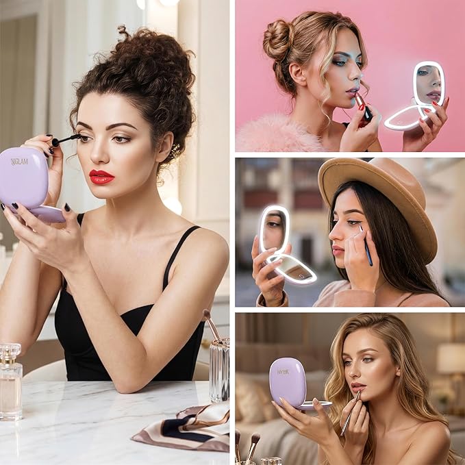 Lighted Makeup Mirror for Women, Portable, LED Light, USB Charging, auto on/Off, 1x/10x Magnification and 3 Light Color Settings, dimmable (Lavender)